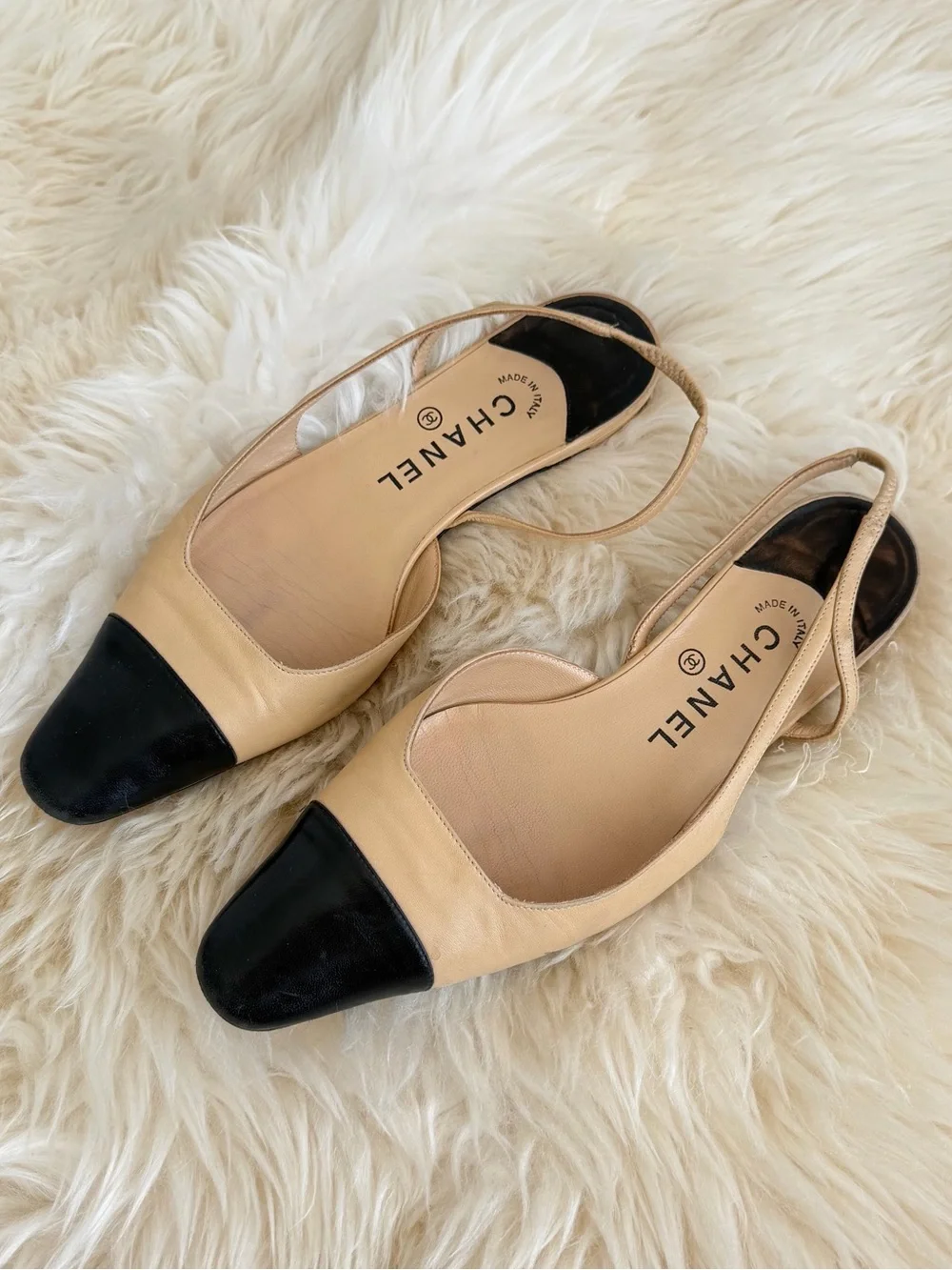 CHANEL Beige and Black Cap-Toe Slingback Flats